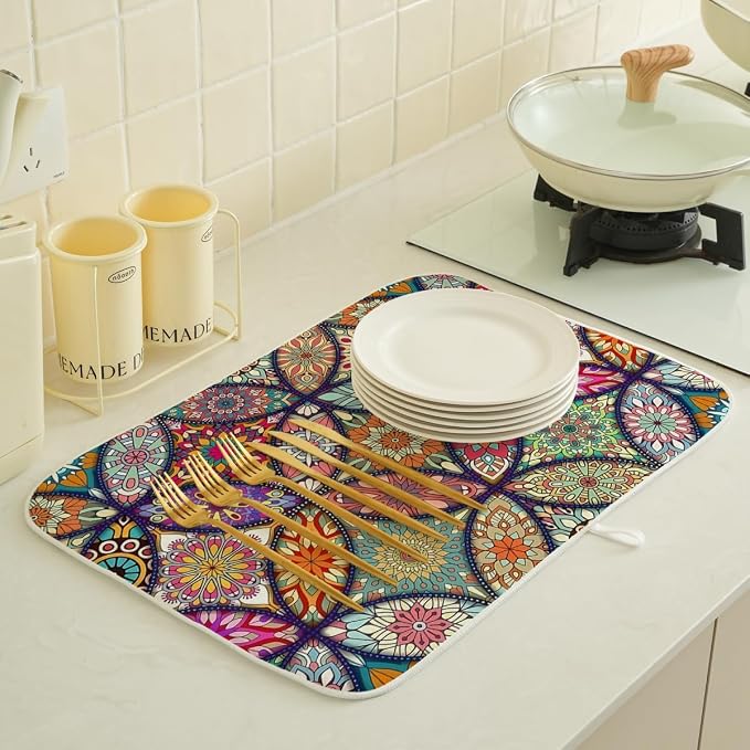 Boho Dish Drying Mat 18 x 24 Inch Vintage Bohemian Drying Mat - Image 2