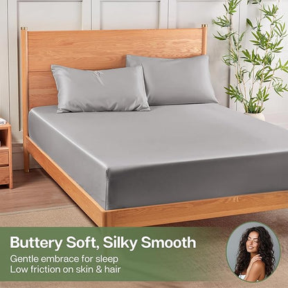 MR&HM Twin XL Fitted Sheet Only, Ultra-Soft Rayon Derived from Bamboo & Polyester Blend, Silky & Breathable, 15" Deep Pocket with Elastic Straps, Cooling Fitted Sheet for Hot Sleepers, Silver Grey