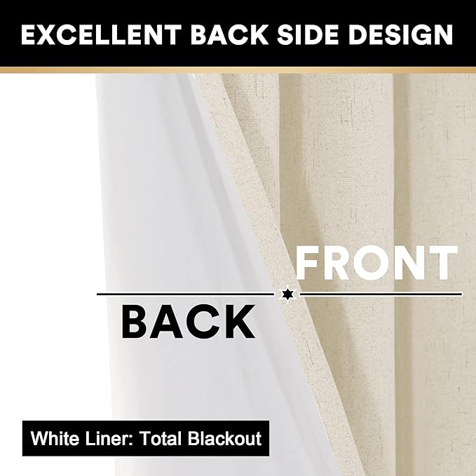 PrinceDeco Linen Blackout Curtains 84 inch Length 2 Panels Set 100% Blackout Linen Texture Curtains for Bedroom Living Room Window Treatment Drapes with White Liner,Bleached Sand,42" W x 84" L