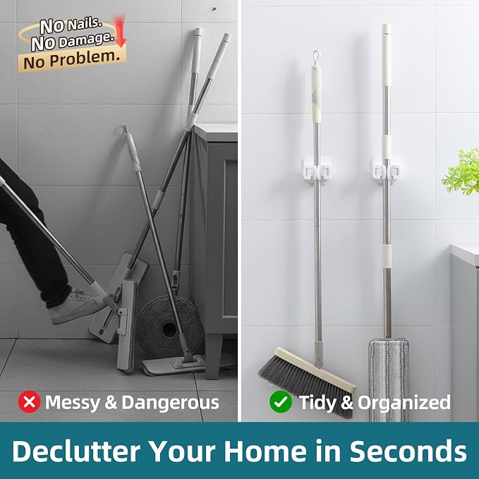 TAILI Mop and Broom Holder Wall Mount Grippers, 2 Hangers and 6 Adhesive Strips - Image 5