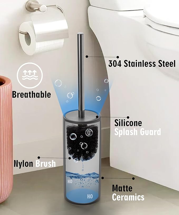Matt Gray Ceramic Toilet Brush and Holder Set, Freestanding Toilet Bowl - Image 5
