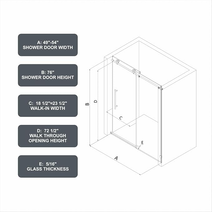 Frameless Shower Door 49"-54" W x 76" H-5/16 Tempered Glass Single Sliding - Image 3
