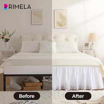 RIMELA White Bed Skirt Queen Size 12 Inch Drop, Elastic Bed Skirting for Bed Base and Frame, Bedding Dust Ruffle Easy to Install, Lightweight Wrap Around Adjustable Bedskirt