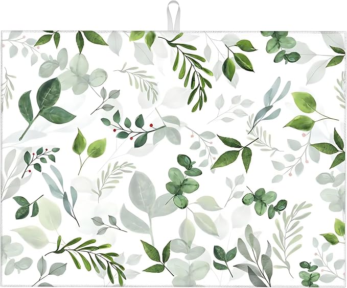 Green Leaves Dish Drying Mat 18x24 inches Microfiber Absorbent Fast Dry Mat by Unknown