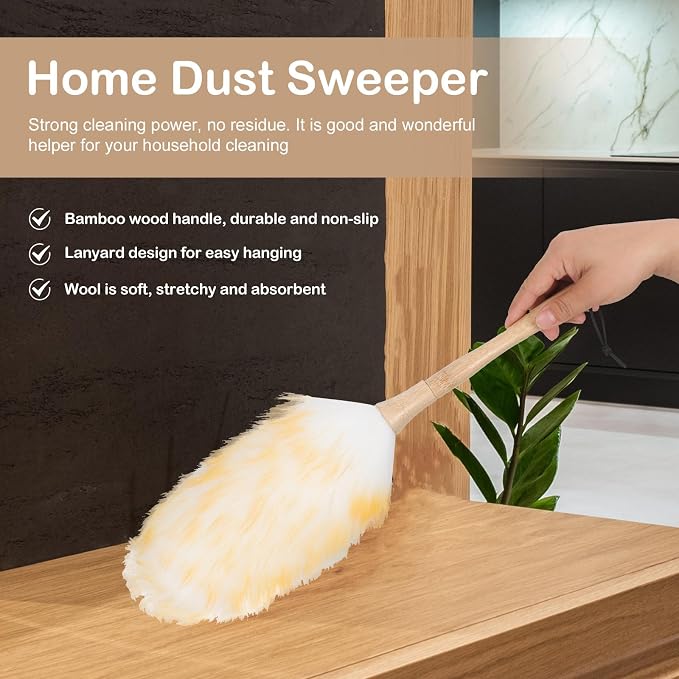 Lambswool Duster Handheld Dust Sweeper 22cm Soft Wool Head Static-Free Cleaning - Image 3