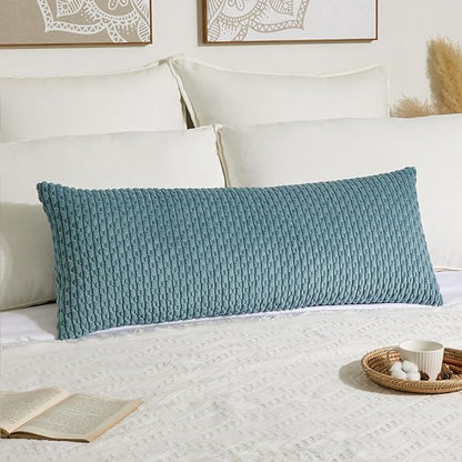 Kevin Textile 14x36 Inch Long Lumbar 1 Pack Boho Decorative Throw Pillow Cover Soft Striped Corduroy Rectangle Cushion Case Farmhouse Solid Color Accent for Living Room Couch Sofa Bed, Blue Grey