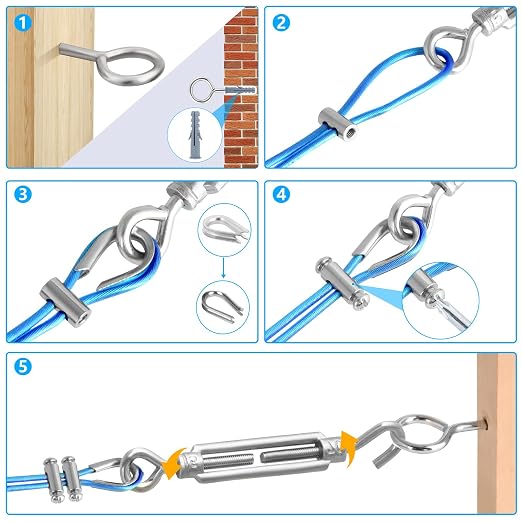 Turnbuckles for Cables Wire, 1/8" X 100Ft Blue PVC Coated Wire Rope Kit - Image 5