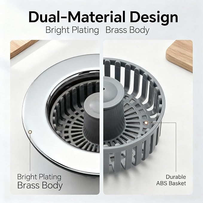 Solid Brass Body 3-in-1 Kitchen Sink Drain Strainer & Stopper, Heavy Duty Pop - Image 8