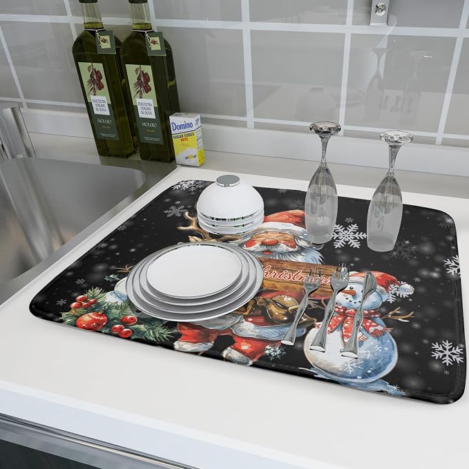 Christmas Santa Snowman Dish Drying Mat 18x24 Inch Winter Xmas Snowmen Santa - Image 6