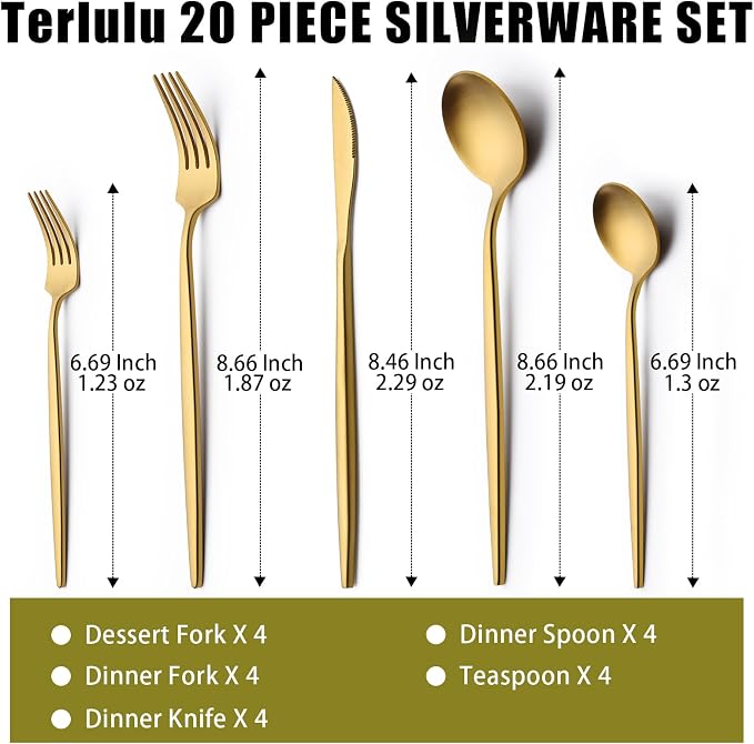 20 Piece Gold Silverware Set for 4, Terlulu Stainless Steel Flatware Set - Image 2