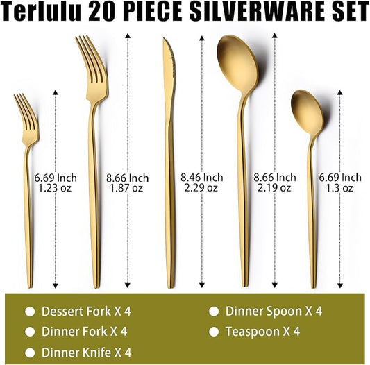20 Piece Gold Silverware Set for 4, Terlulu Stainless Steel Flatware Set - Image 2