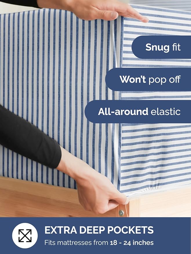 Extra Deep Full Fitted Sheet - Hotel Luxury Single Fitted Sheet Only - Easily Fits 18 inch to 24 inch Mattress - Ultra Soft, Wrinkle Free with Extra Deep Pockets - Breathable & Comfy - Blue Stripes