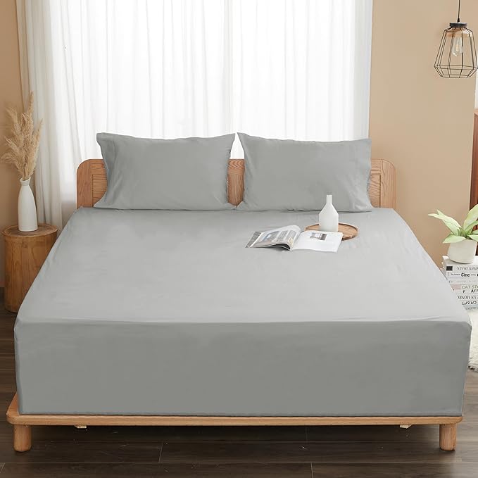 Sunflower Full Fitted Sheet, 1-Piece Deep Pocket Fitted Bottom Sheet 16", 100% Cotton Sateen Soft Breathable, Silver Gray