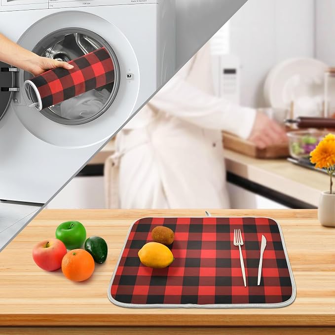 Christmas Red Black Buffalo Plaid Dish Drying Mat - Image 4