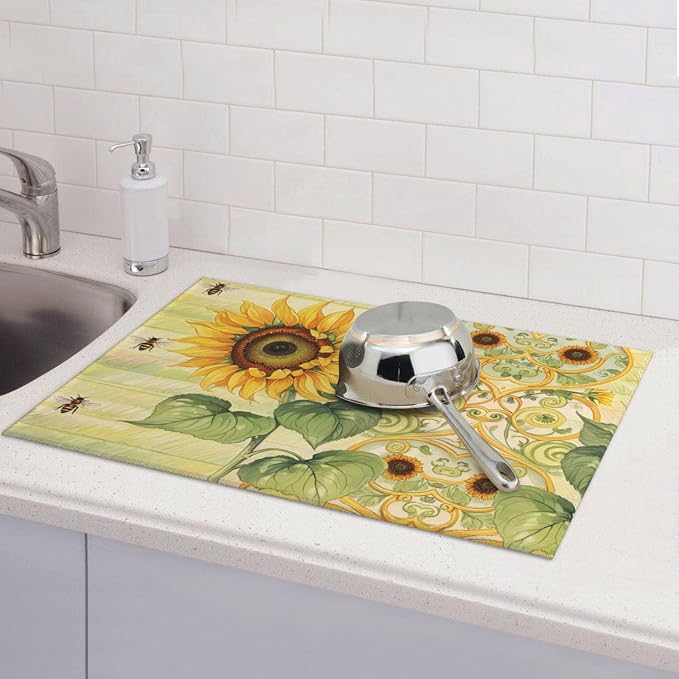 Sunflower Bee Dish Drying Mat Highly Absorbent Double-Sided Microfiber - Image 3