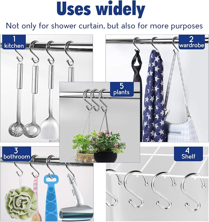 Metal Shower Curtain Hooks，Set of 12 Rings，Rust Resistant S Shaped Hooks Hangers - Image 6