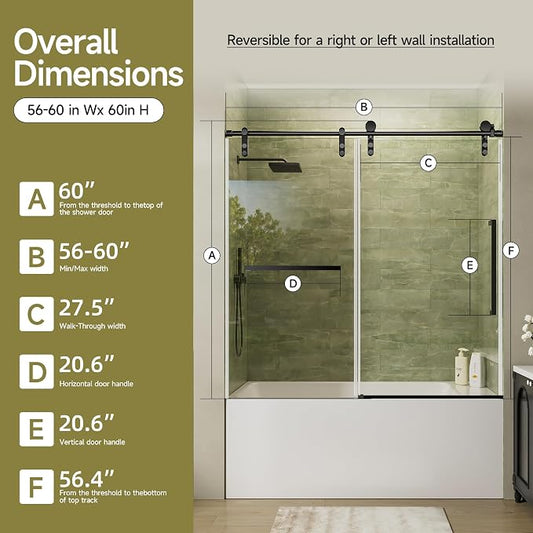 56-60" W x 60" H Frameless Bathtub Shower Door, Sliding Tub Shower Glass Door - Image 2