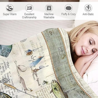 Fishing Blanket Gifts for Men and Kids - Soft Warm Cozy Fleece Throw for Adults - Fish Theme Couch Sofa Bed Cover 40"x50"