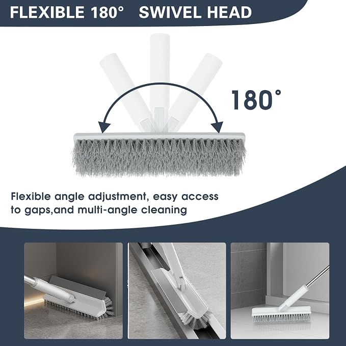 Floor Scrub Brush with Long Handle, 2 in 1 V-Shape Grout Brush with Squeegee + - Image 2