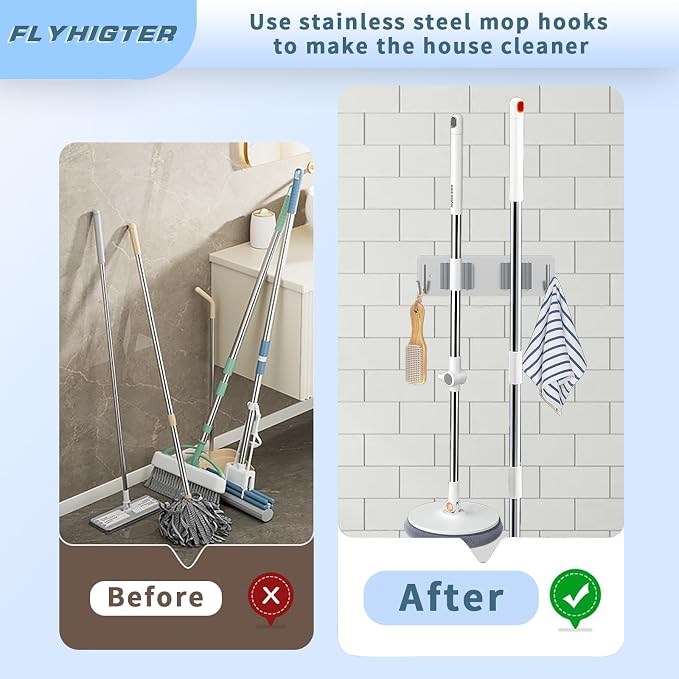 Broom and Mop Holder Wall Mounted, Heavy-Duty Stainless Steel Storage Rack - Image 3