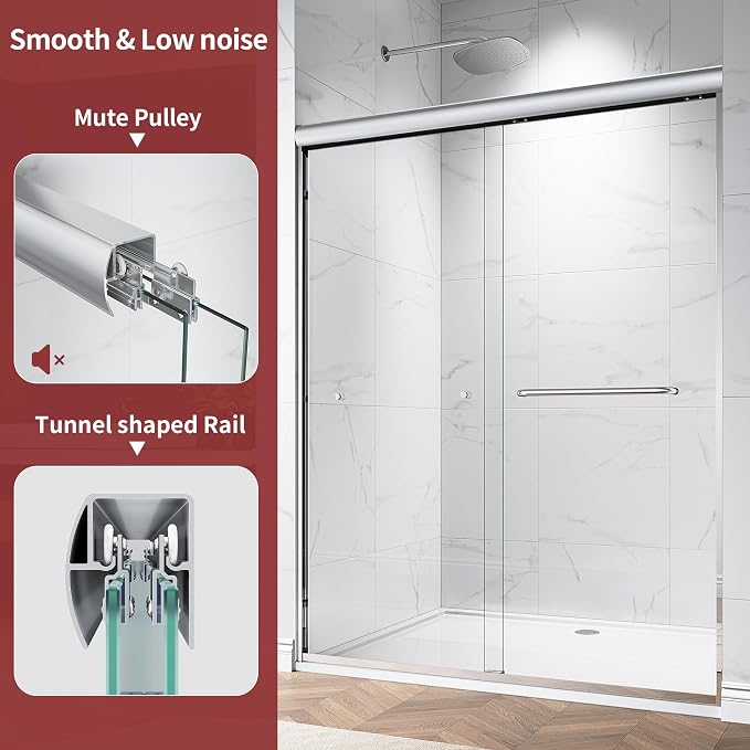 56-60" W x 76" H Semi-Frameless Double Sliding Glass Shower Door, 1/4" Clear - Image 6