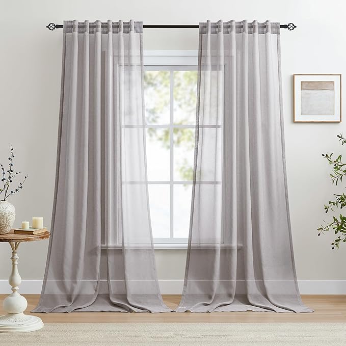 Dreaming Casa Grey Sheer Curtains 102 Inches Long, Rod Pocket & Back Tab Light Filtering Textured Sheers for Living Room Bedroom, 2 Panels, Each 52" W x 102" L