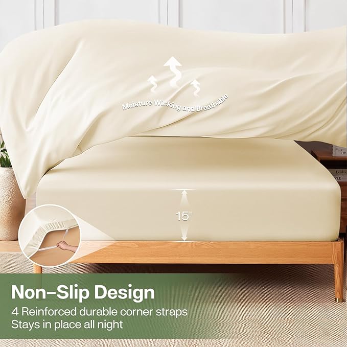 MR&HM Twin XL Fitted Sheet Only, Ultra-Soft Rayon Derived from Bamboo & Polyester Blend, Silky & Breathable, 15" Deep Pocket with Elastic Straps, Cooling Fitted Sheet for Hot Sleepers, Cream