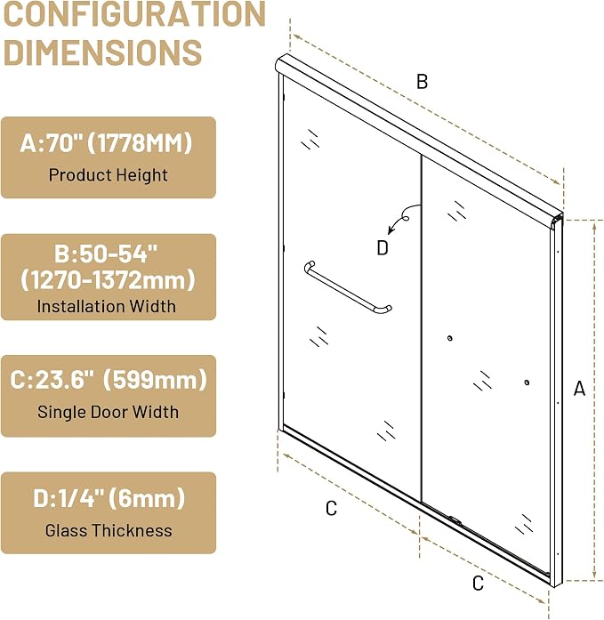 50-54" W x 70" H Double Sliding Shower Door, Semi-Frameless Shower Door - Image 7