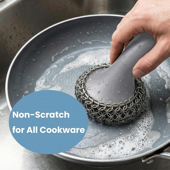 Cast Iron Scrubber with Long Handle | 316 Cast Iron Cleaner Chainmail Scrubber - Image 2