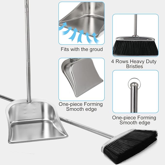 VOOWO Heavy Duty Broom and Dust pan Set, Stainless Steel Broom and Dustpan Set - Image 3