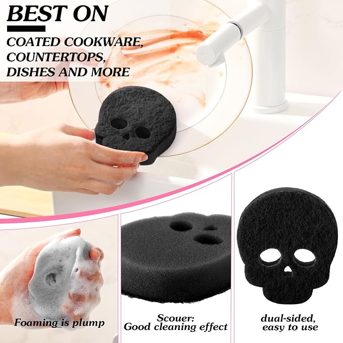 Tioncy 12 Pack Skull Sponges Bulk Gothic Dual Sided Scrubber Black Skull - Image 5