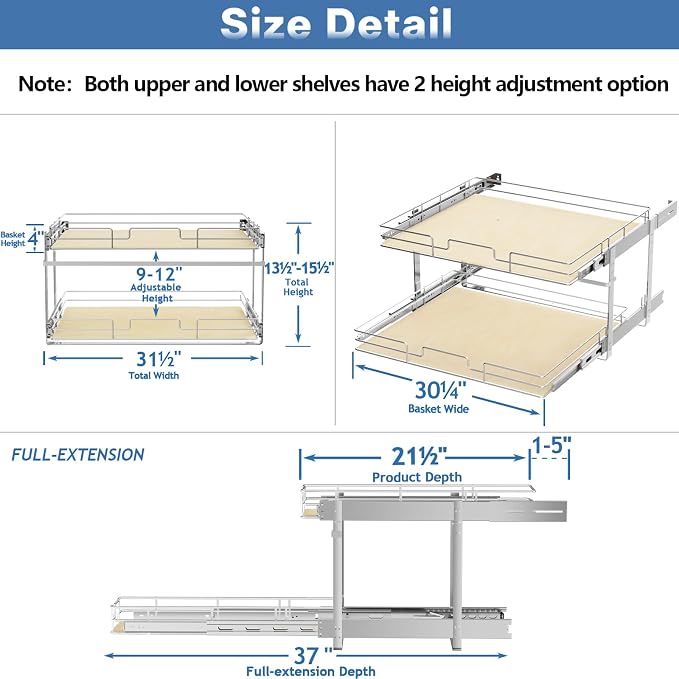 ROOMTEC 2 Tier Individual Pull Out Cabinet Organizer 31½"W x 21½"D, Slide Out - Image 3