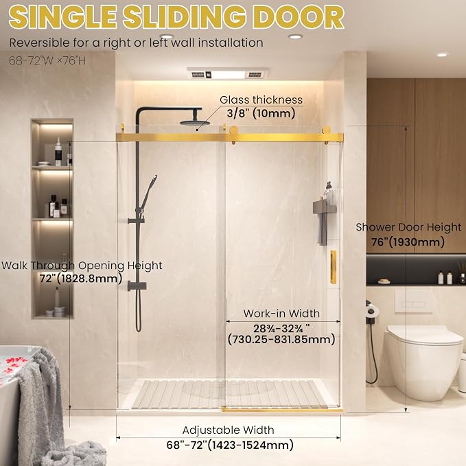 Shower Door 68–72in W x 76 in H, 3/8" Tempered Glass Sliding Shower Door - Image 7