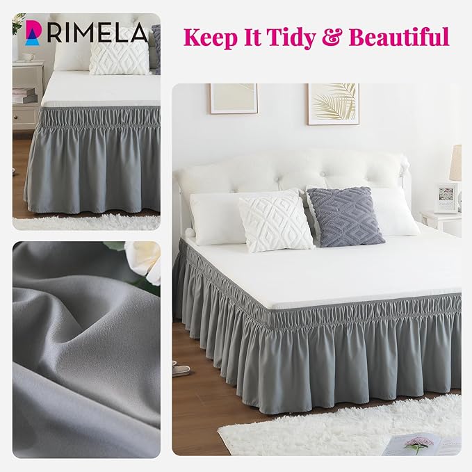 RIMELA Gray King Size Bed Skirt 25 Inch Drop, Elastic Bed Skirts Cal King Dust Ruffle, Light Grey Bedskirt for Adjustable Bed Base Solid Fade Resistant Silky Fabric Machine Washable Easy to Install