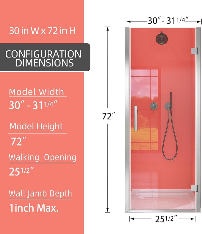 GETPRO Frameless Pivot Shower Door Hinged 30 in. W x 72 in. H Swing Single - Image 9