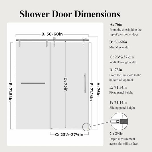 56-60" W x 76" H Frameless Single Sliding Shower Door, Bathroom Glass Shower - Image 2