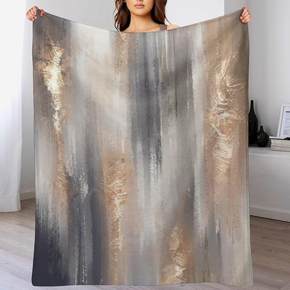 Abstract Gradient Blanket, Modern Fashion Baroque Gold Grey Painting Strokes Pattern Soft Warm Cozy Plush Flannel Covers for Livingroom Bedroom Couch Chair Camping Travel Home Decor Tapestry 40x50in
