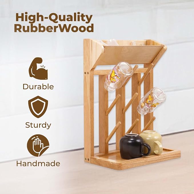 Natural Vertical Bottle Drying Rack Rubber Wood 9 Hooks, Use - Image 4