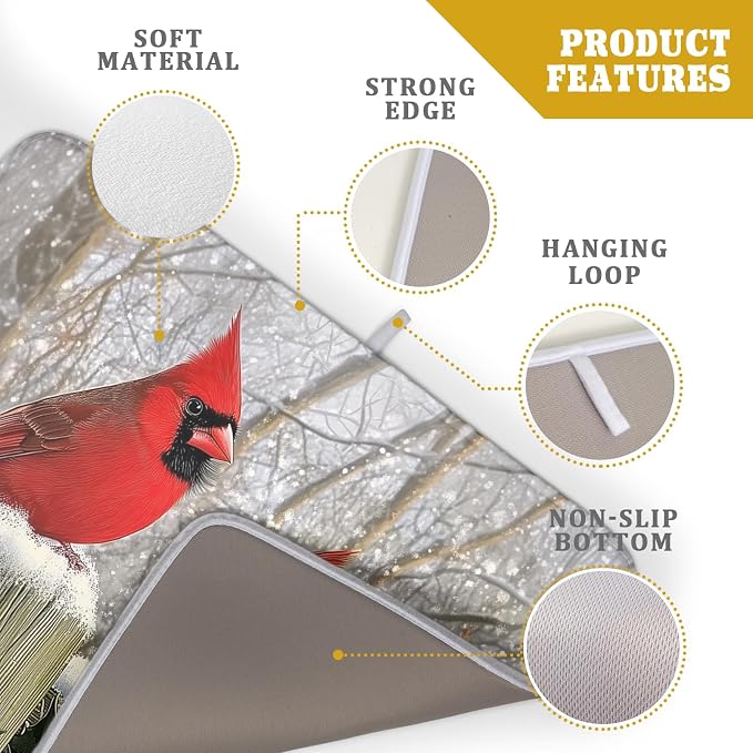Winter Birds Dish Drying Mat Red Berry Dish Drainer Rack Mat Microfiber - Image 4