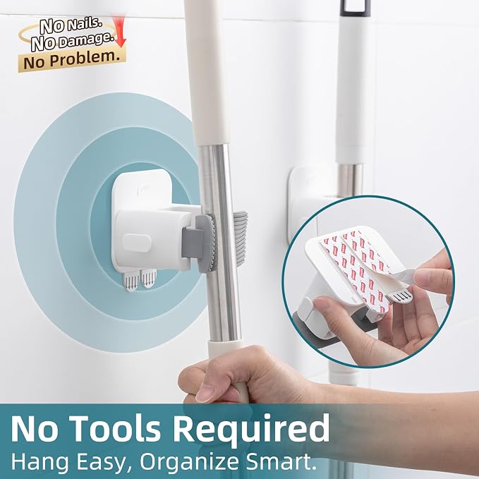 TAILI Mop and Broom Holder Wall Mount Grippers, 3 Hangers and 8 Adhesive Strips - Image 2