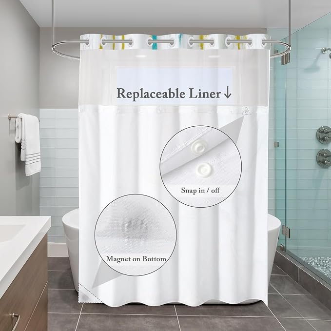 No Hook Shower Curtain with Snap in Liner, Hotel Style Teal Blue White Gold - Image 4