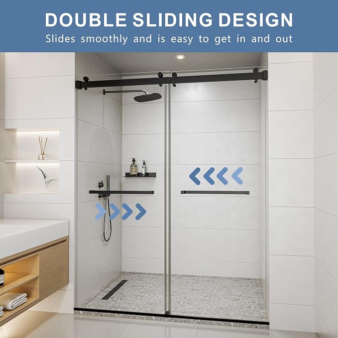 50-54" W x 76" H Frameless Shower Door, Double Sliding Glass Shower Door - Image 2