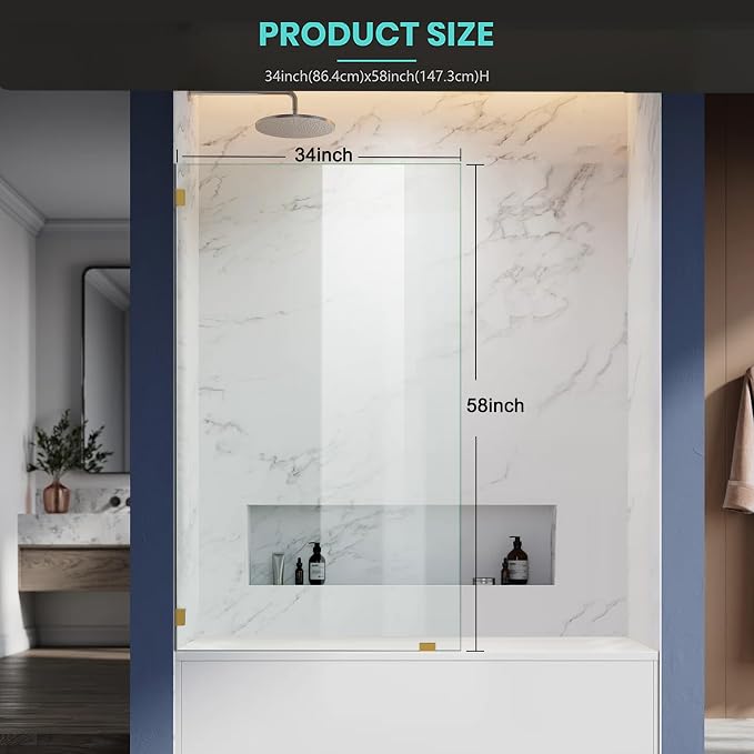 34" W x 58" H Frameless Single Fixed Bath Panel, Fixed Bathtub Screen - Image 4