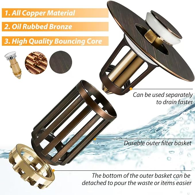 3 in 1 Pop Up Bathroom Sink Stopper, Bathroom Sink Drain Strainer, - Image 6