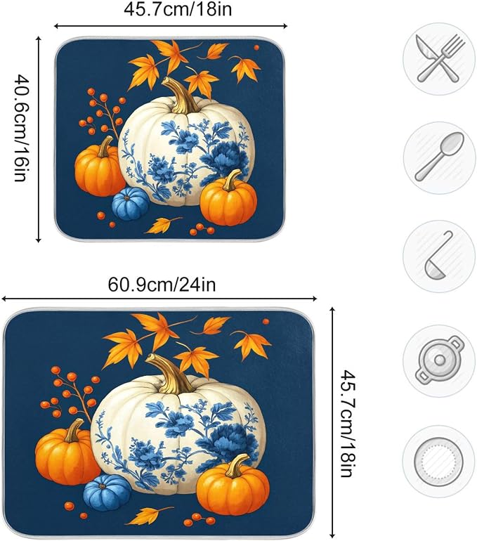 Pumpkin Porcelain Blue White Dish Drying Mat - Image 3
