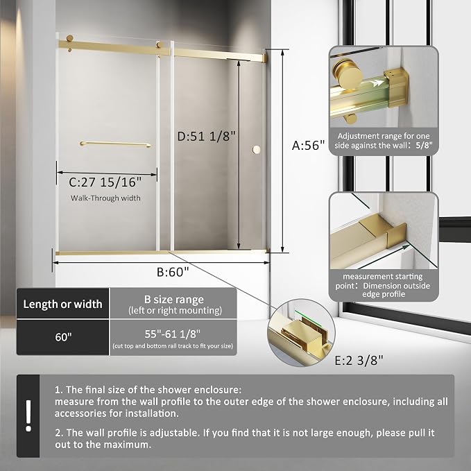 Bathtub Sliding Door 55"-60" W x 56" H Tub Shower Door, Frameless Bypass - Image 4