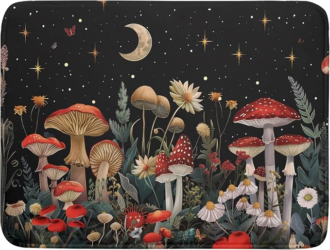 Black Mushroom Dish Drying Mat for Kitchen Counter Leaves Botanical Microfiber by Giwawa