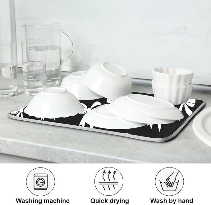 Black Bow Dish Drying Mat for Kitchen Countertop 18x24 Bowknot Coquette - Image 7