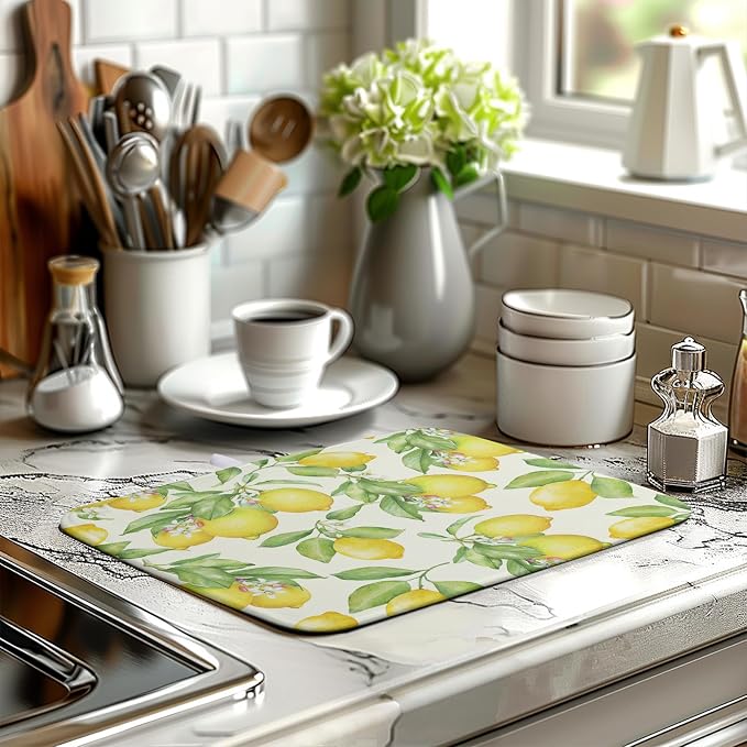 Lemon Kitchen Dish Drying Mat 16×18 Inch Summer Yellow Green Lemon Drying Mat - Image 6