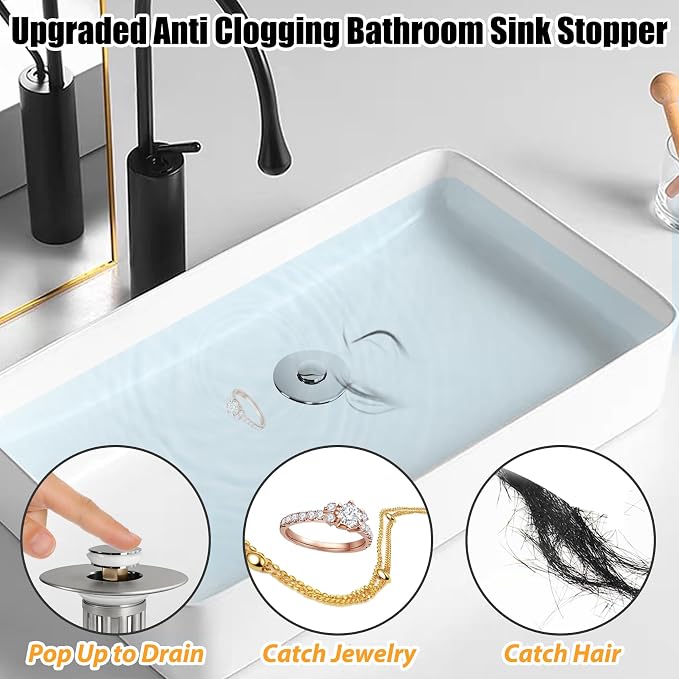 3 in 1 Pop Up Bathroom Sink Stopper, Bathroom Sink Drain Strainer, - Image 5